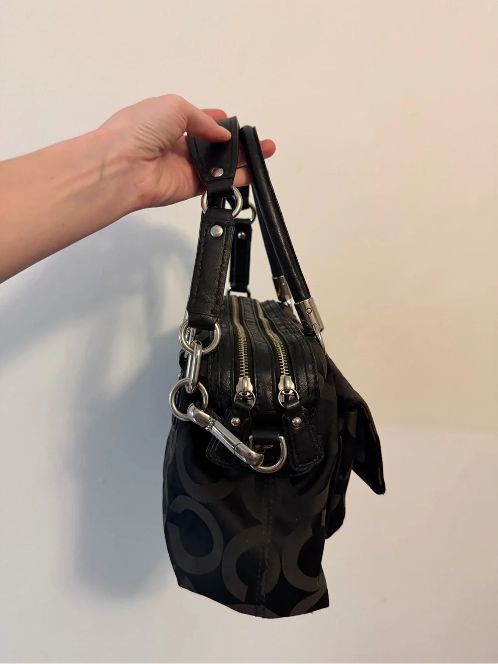 Coach Black and Brown Signature Satchel with Turn-Lock Detail